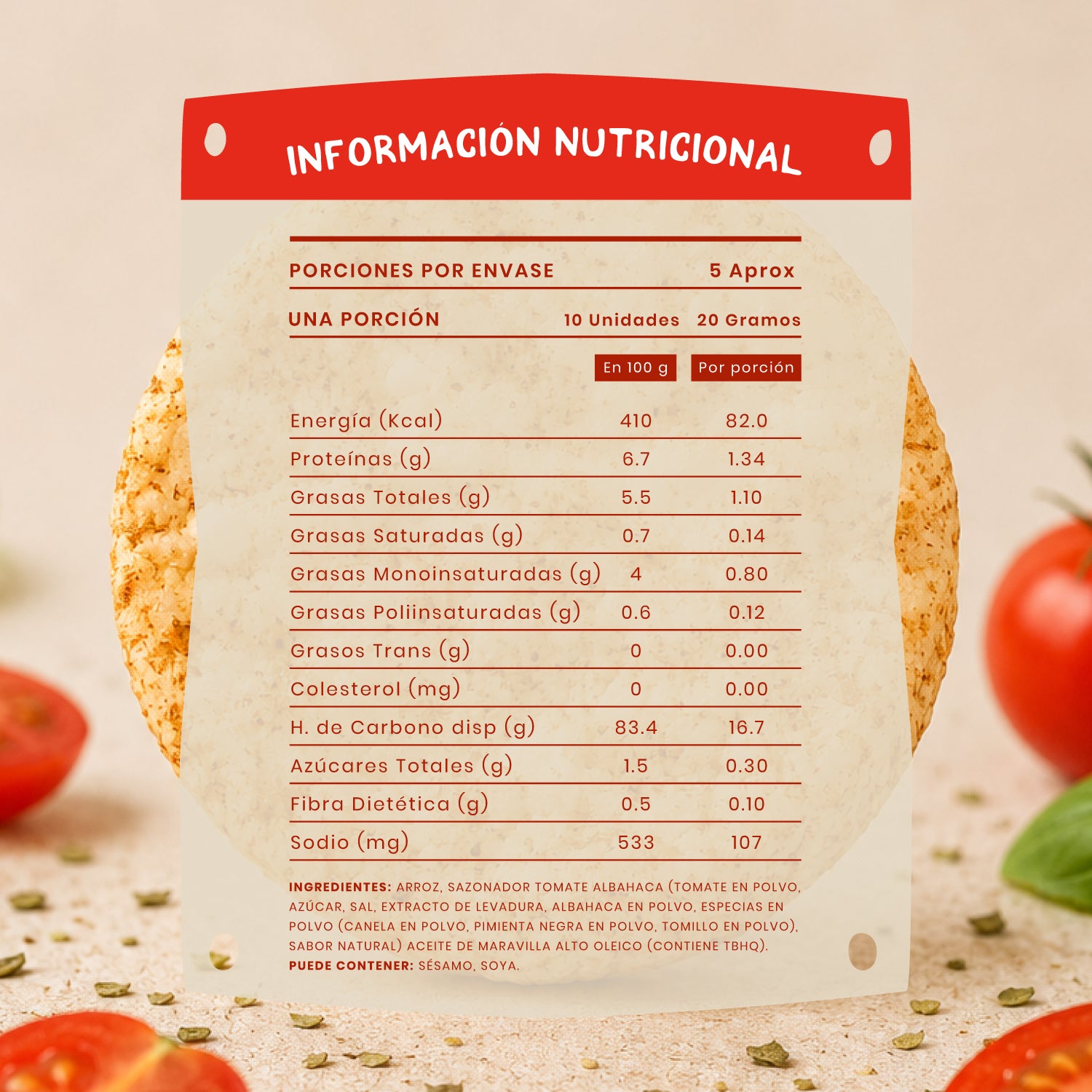 Galleta de arroz Rice Crisps sabor Tomate & Albahaca 100 gr
