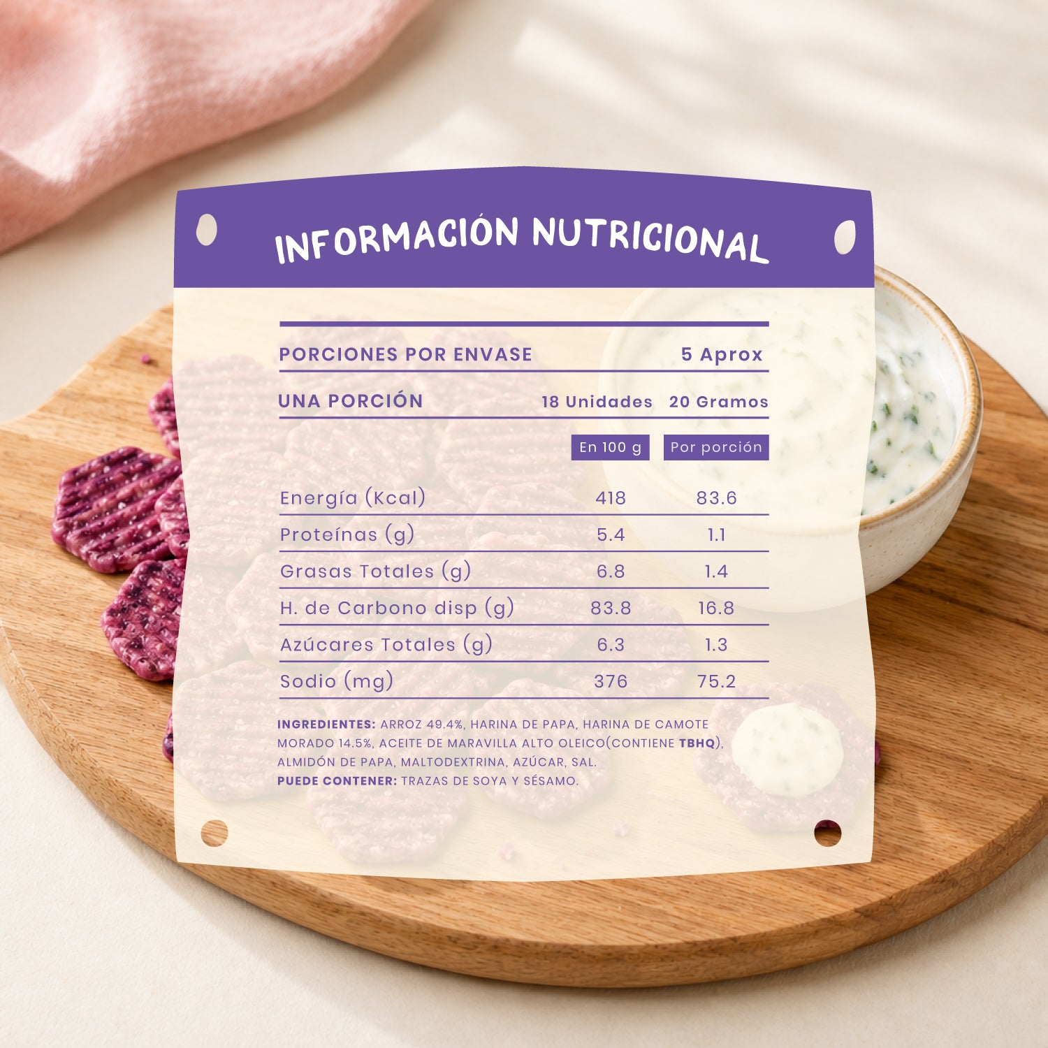 Chips de arroz Tasty Snax sabor Camote Morado 100 gr